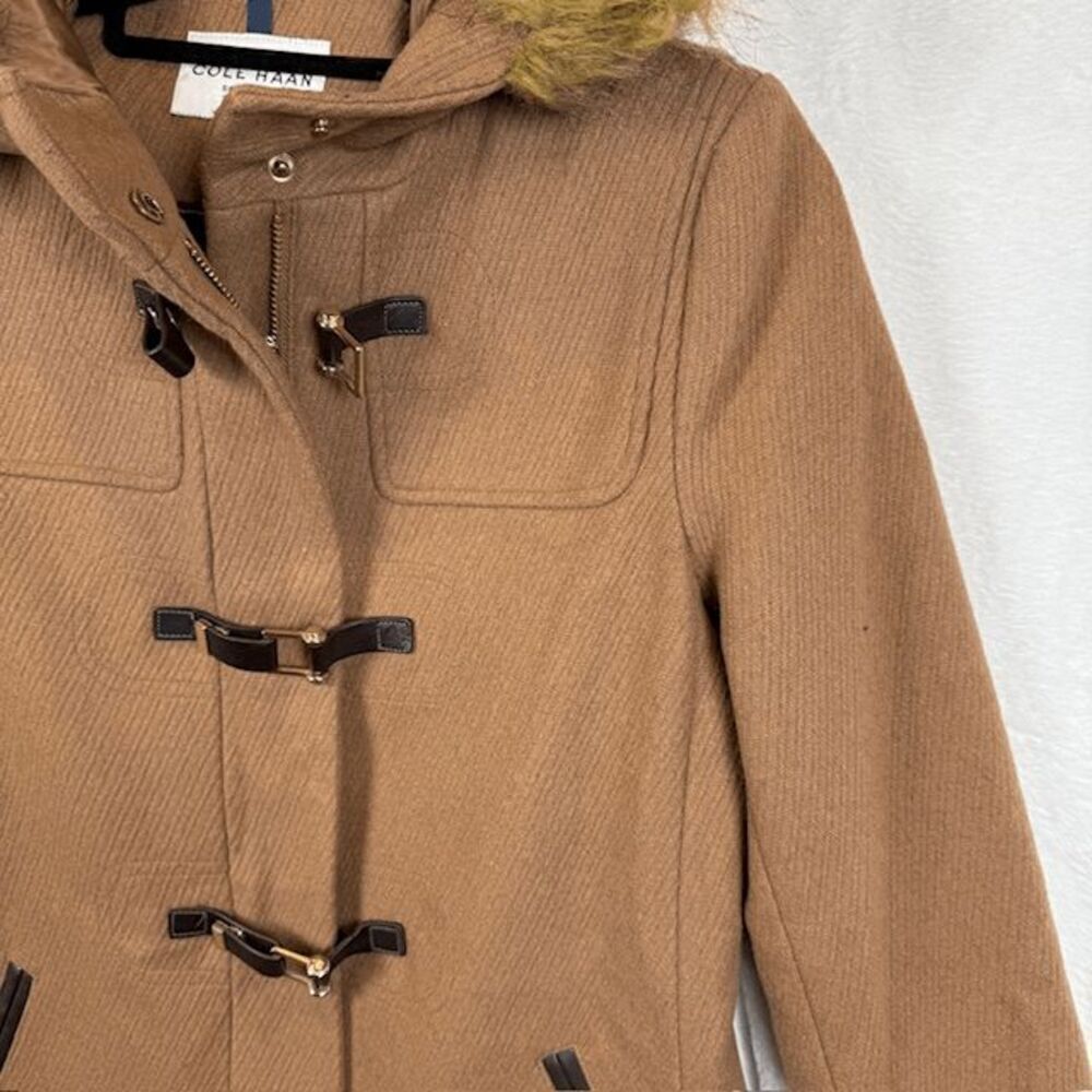 Cole Haan Signature Wool Leather Snap Faux-Fur-Trim Hooded Coat Camel Tan Size 4 - Picture 3 of 16